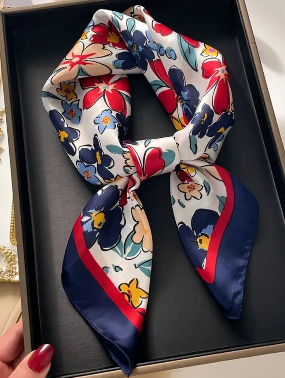 Silk-feel Floral Navy Red Square Scarf Head Scarf , Neck Scarf